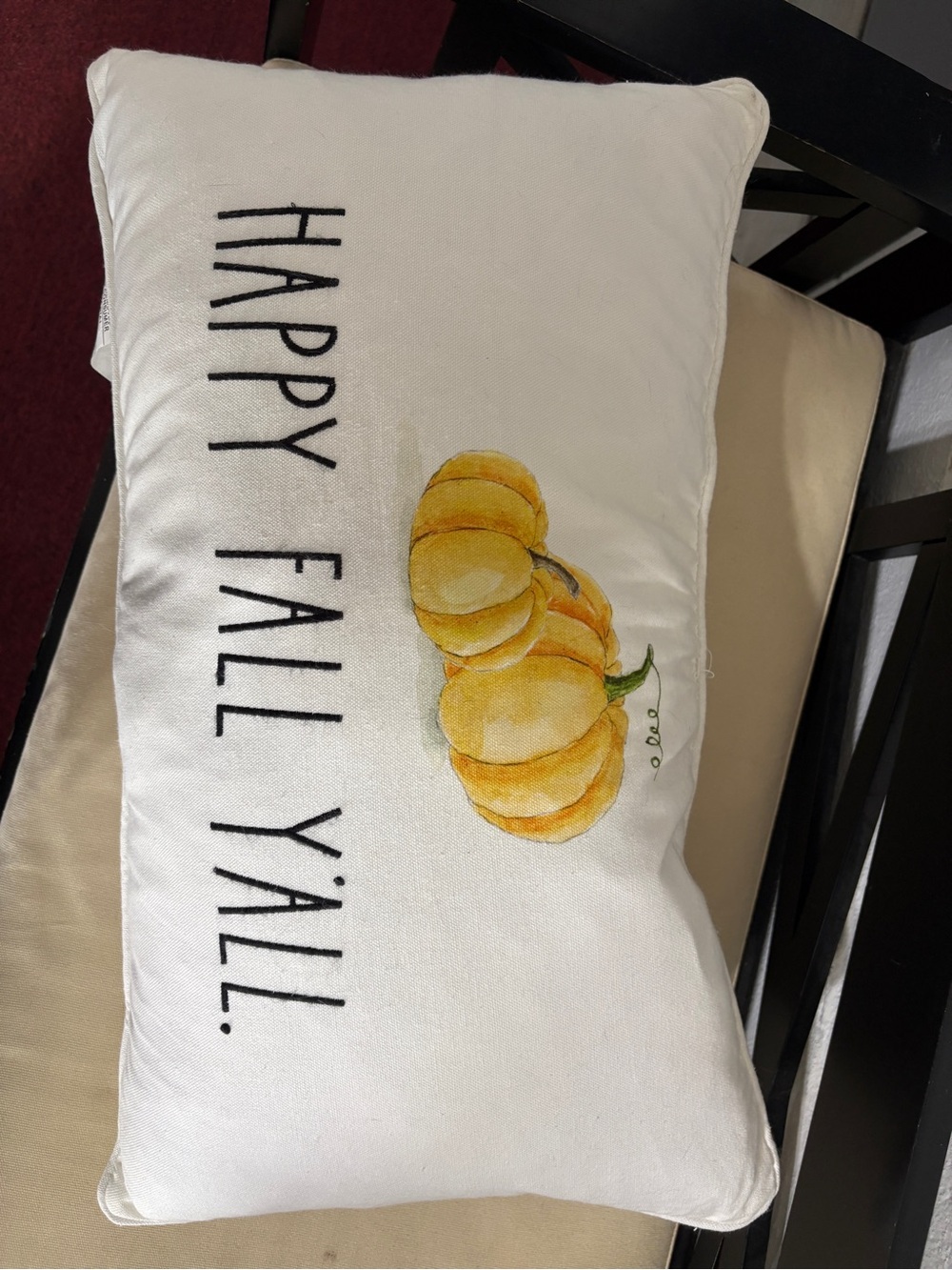 Rae Dunn White Pillow with Yellow Pumpkin "Happy Fall Y'all"